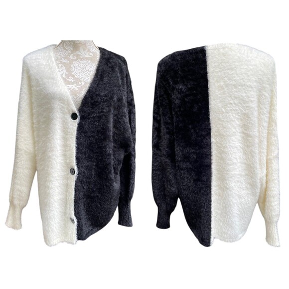 Black White Colorblock Fuzzy Cardigan Sweater Size XL Oversized Drop Shoulder - Picture 2 of 13
